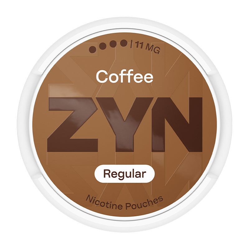 Zyn Nicotine Pouch coffee in white writing on a brown tub 4 dot strength