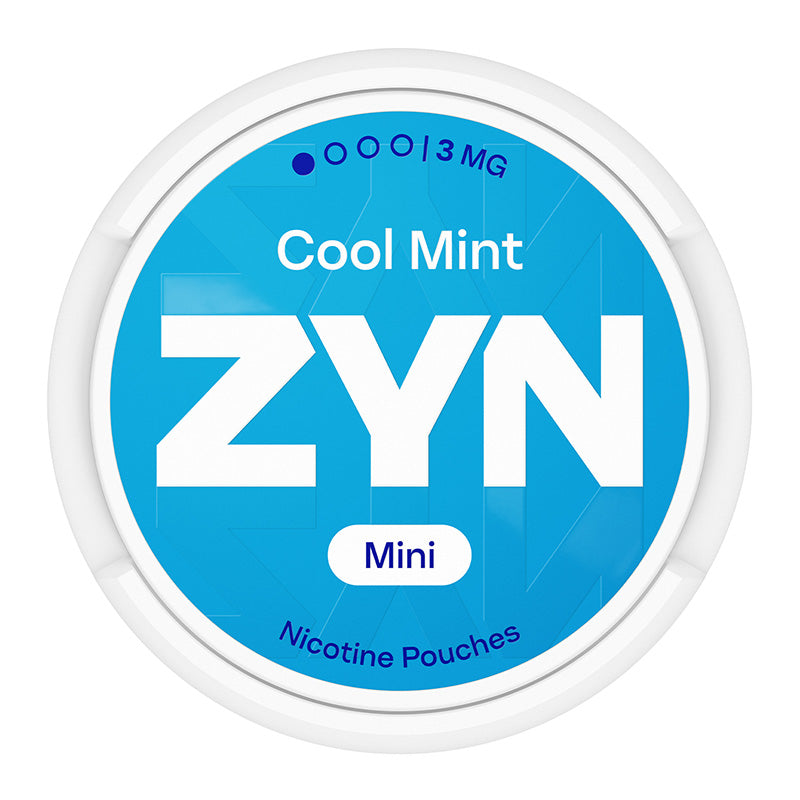 Zyn Nicotine Pouch cool mint in white writing on a blue tub mini 1 dot strength