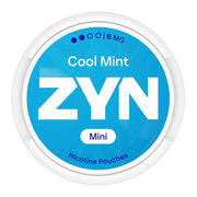 Zyn Nicotine Pouch cool mint in white writing on a blue tub mini 2 dots strength
