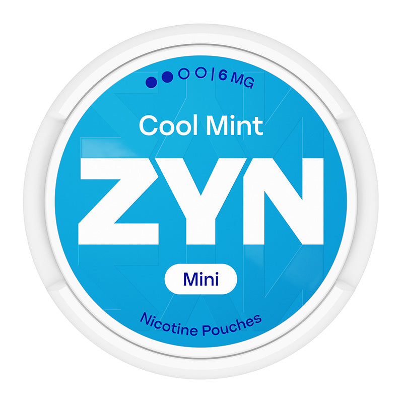 Zyn Nicotine Pouch cool mint in white writing on a blue tub mini 2 dots strength