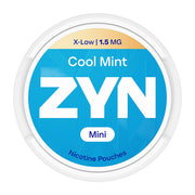 Zyn Nicotine Pouch cool mint in white writing on a blue tub mini extra low strength