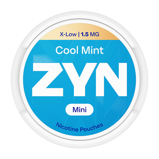 Zyn Nicotine Pouch cool mint in white writing on a blue tub mini extra low strength
