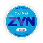 Zyn Nicotine Pouch cool mint in white writing on a blue tub 4 dots strength