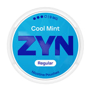 Zyn Nicotine Pouch cool mint in white writing on a blue tub 3 dots strength