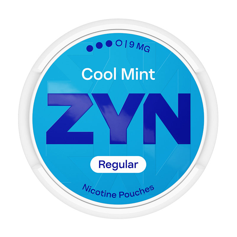 Zyn Nicotine Pouch cool mint in white writing on a blue tub 3 dots strength