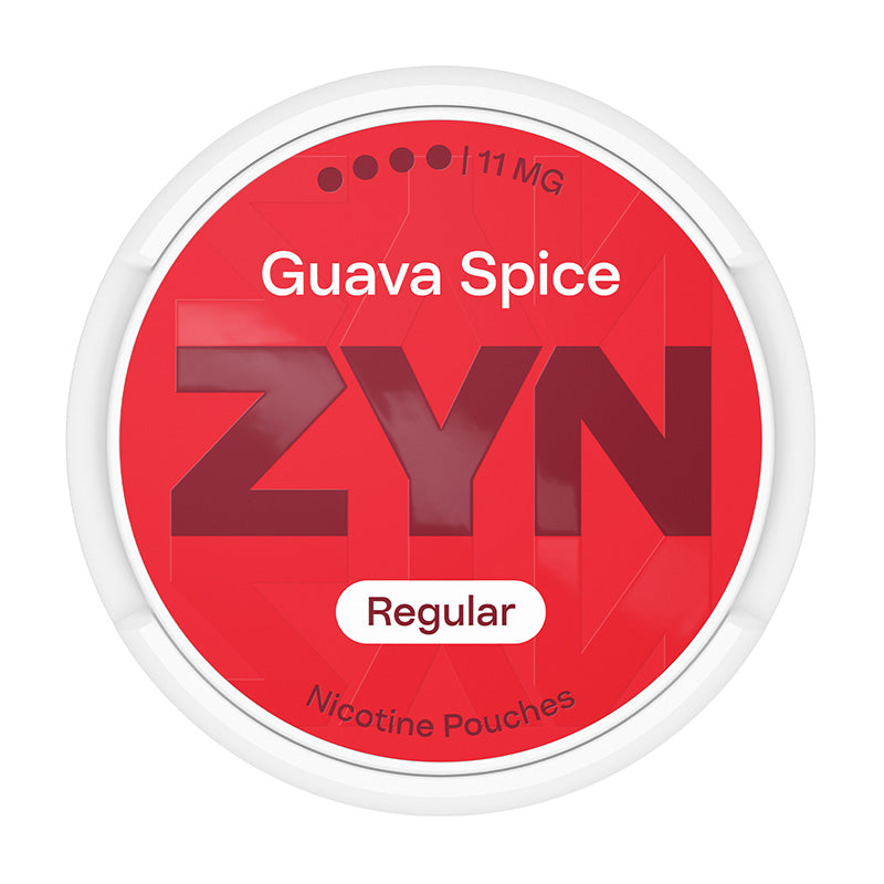 Zyn Nicotine Pouch guava spuce in white writing on a red tub extra strong strength