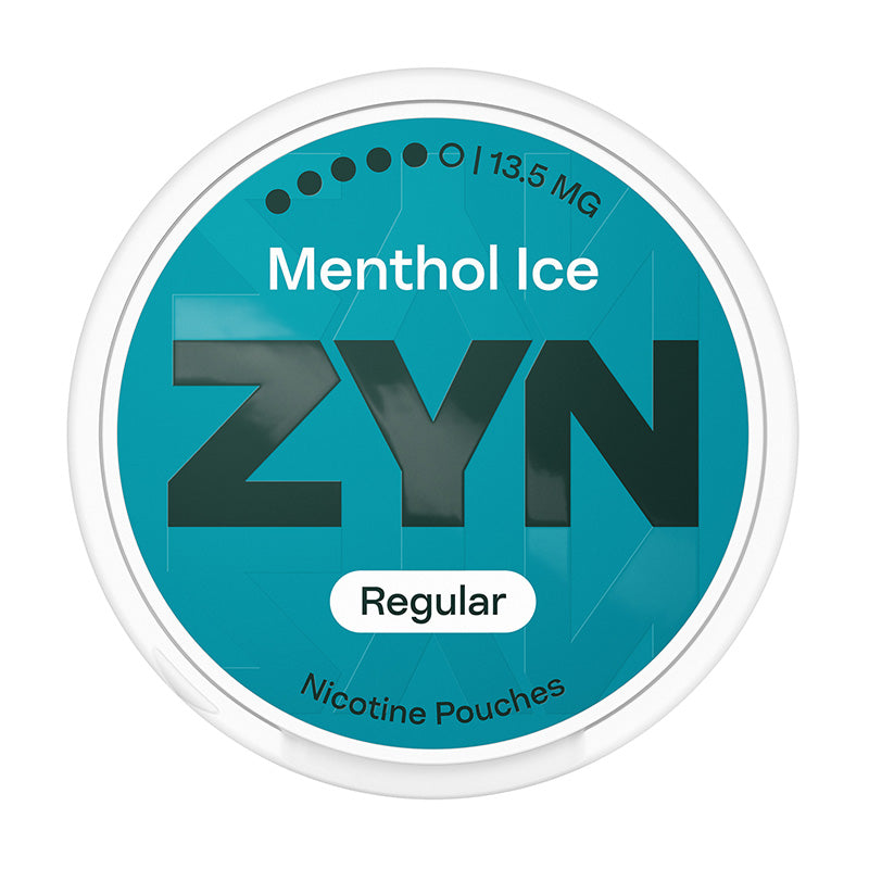 Zyn Nicotine Pouch menthol ice in white writing on a blue tub 5 dot strength