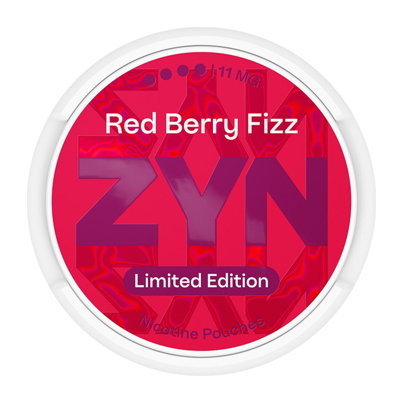 Zyn Nicotine Pouch red berry fizz in white writing on a red tub 4 dot strength