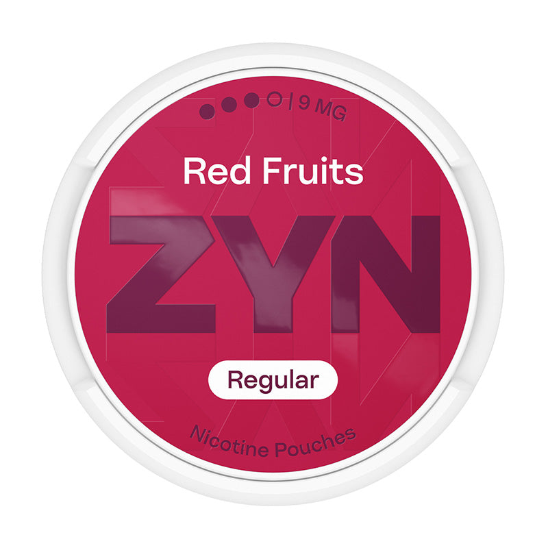 Zyn Nicotine Pouch red fruits in white writing on a red tub 3 dot strength