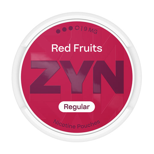 Zyn Nicotine Pouch red fruits in white writing on a red tub 3 dot strength