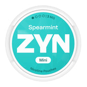 Zyn Nicotine Pouch spearmint in white writing on a turquoise tub mini 1 dot strength