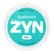 Zyn Nicotine Pouch spearmint in white writing on a turquoise tub mini 2 dot strength