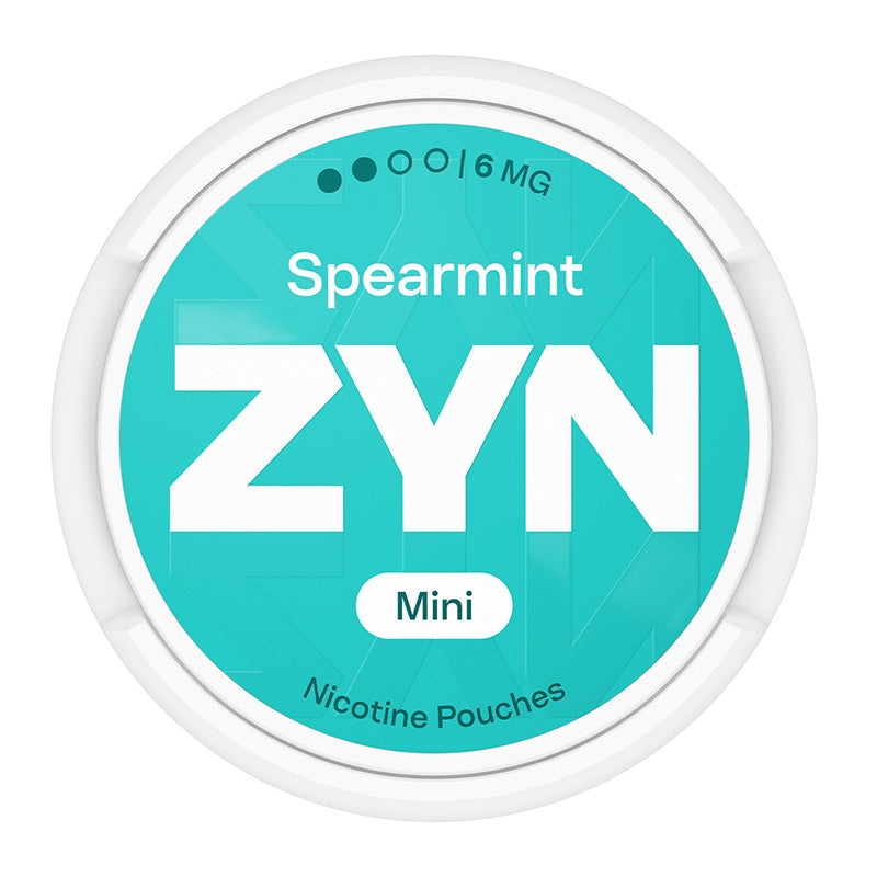 Zyn Nicotine Pouch spearmint in white writing on a turquoise tub mini 2 dot strength