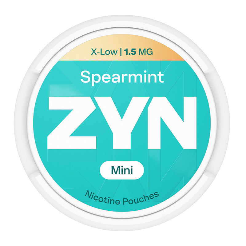 Zyn Nicotine Pouch spearmint in white writing on a turquoise tub mini 1.5mg strength