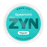 Zyn Nicotine Pouch spearmint in white writing on a turquoise tub 4 dot strength