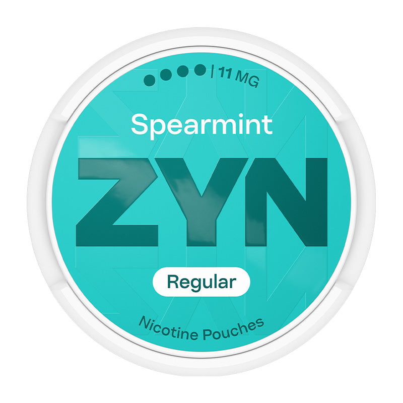 Zyn Nicotine Pouch spearmint in white writing on a turquoise tub 4 dot strength