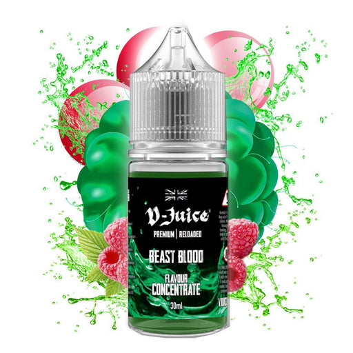 VJuice Beast Blood flavour concentrate bottle with green and pink background