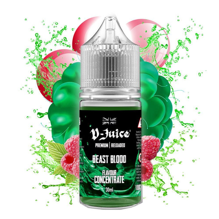 VJuice Beast Blood flavour concentrate bottle with green and pink background