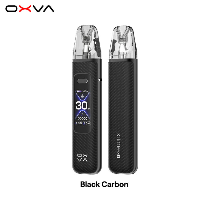 OXVA Xlim Pro 3 vape device in black carbon finish on a white background
