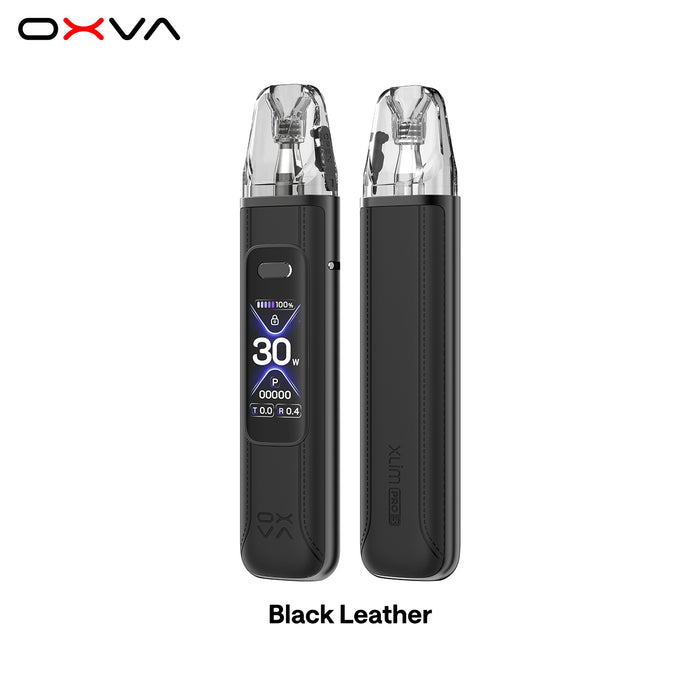 OXVA Xlim Pro 3 vaping device with black leather finish on a white background