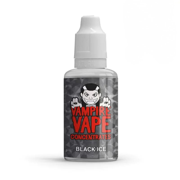 black ice 30ml bottle with vampire vape red branding with white lid