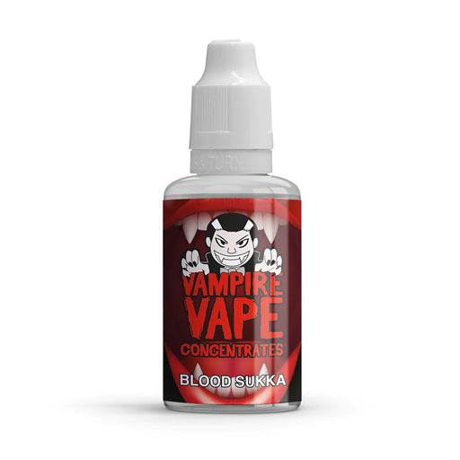 Blood Sukka writing on red label with Vampire Vape Concentrates on bottle with white lid