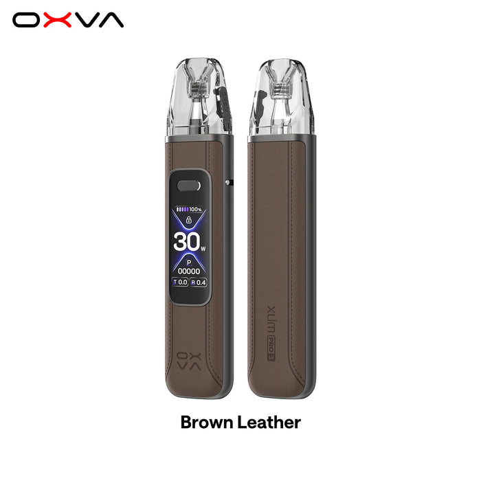 OXVA Xlim Pro 3 vaping device with brown leather finish on a white background