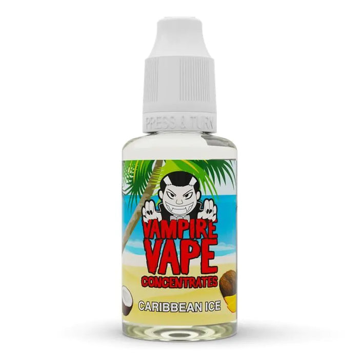 Caribbean Ice Flavour Concentrate with vampire vape branding in a clear bottle with white lid