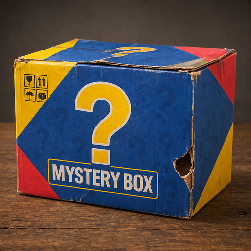 Mystery box with question marks on a wooden surface