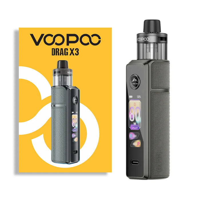 VooPoo Drag X3 vape device grey and packaging on a white background