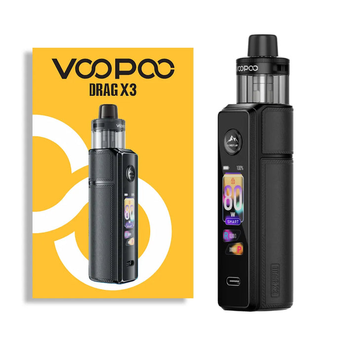VOOPOO Drag X3 vaping device spray black and packaging on a white background