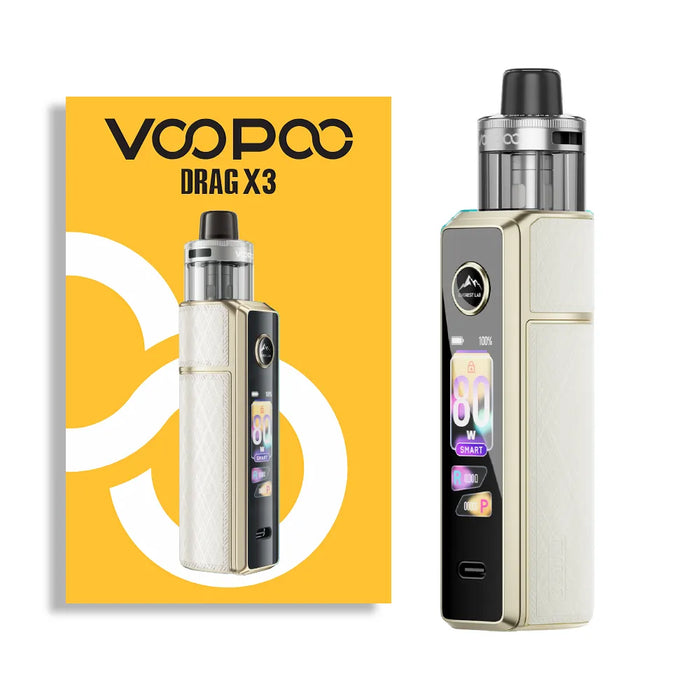 VooPoo Drag X3 vape device champagne gold and packaging on a white background