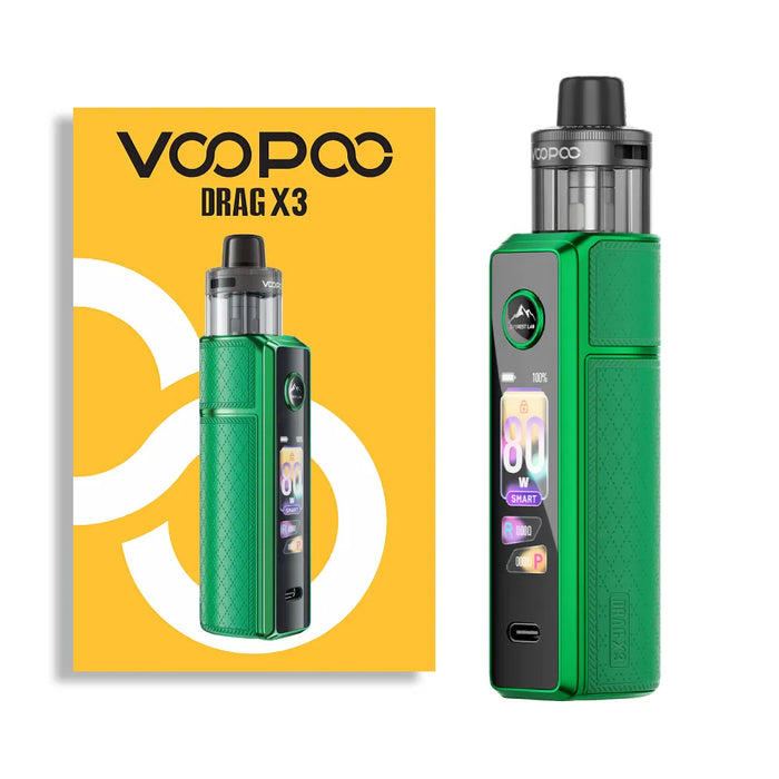 VOOPOO Drag X3 vaping device in moss green and packaging on a white background