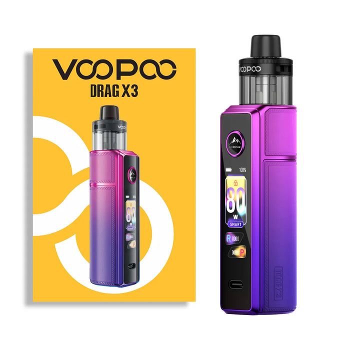 VOOPOO Drag X3 vape device aurora purple and packaging on a white background