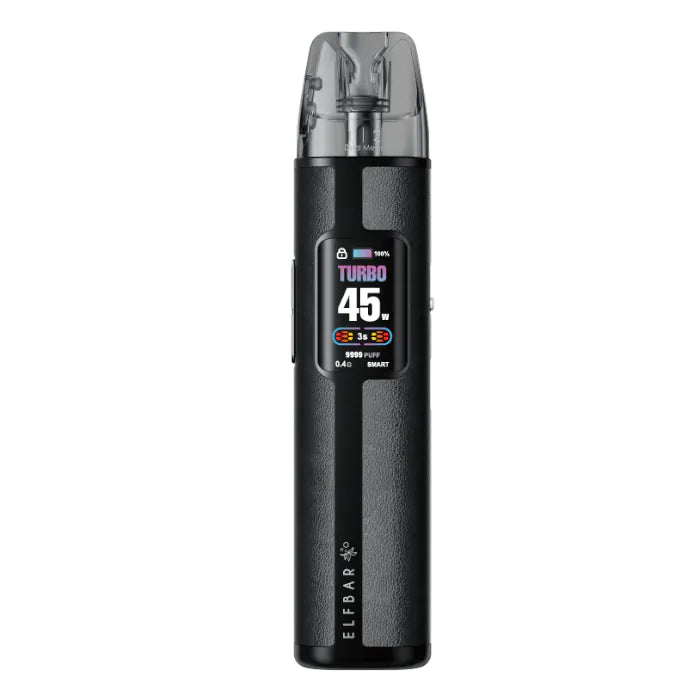 Elfx Pro Black vape device with digital display on a white background