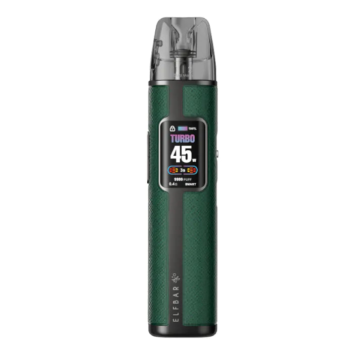 Elfx Pro Green vape device with digital display on a white background