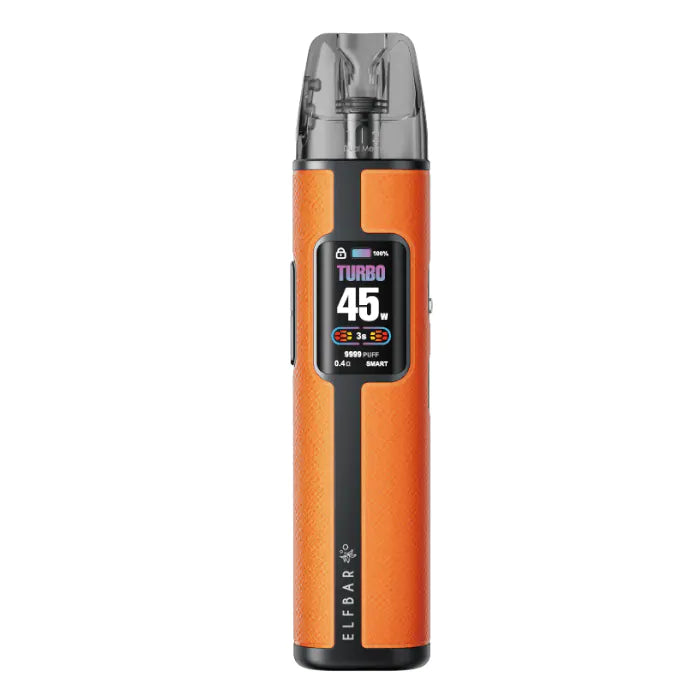 Elfx Pro Orange vape device with digital display on a white background