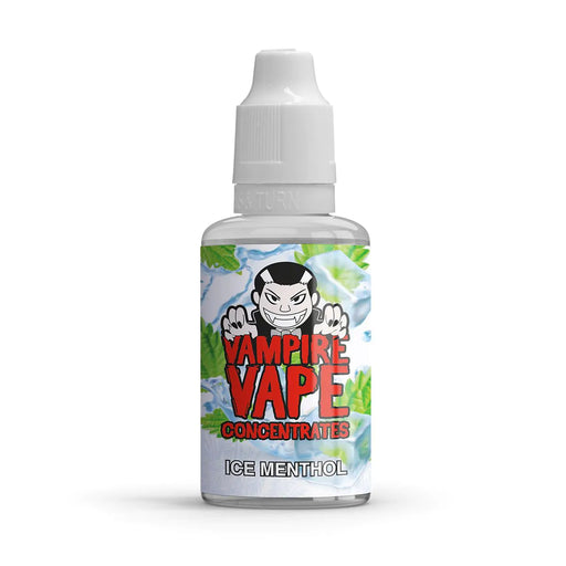ice menthol vampire vape concentrate with green and cool ice cube label on 30ml bottle with white lid
