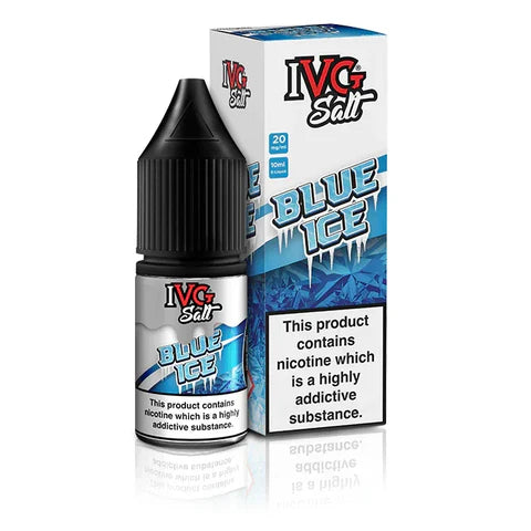 Black and Blue silver lable vape liquid bottle with white packaging and "IVG Blue Ice Nic Salt" Branding