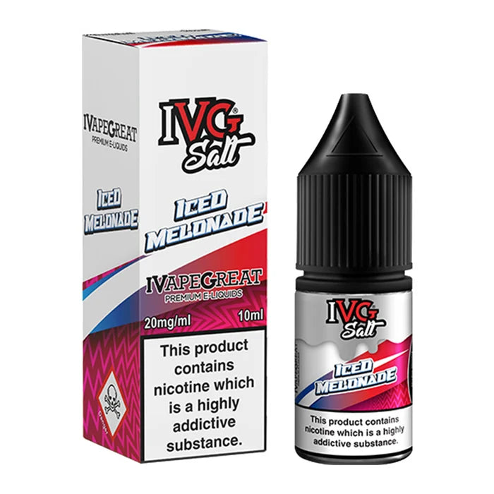 A 10ml bottle of IVG Salt Iced Melonade e-liquid next to its retail packaging box, both featuring a white, red, and pink design with a prominent nicotine warning label.