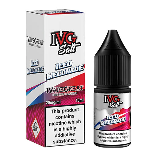 A 10ml bottle of IVG Salt Iced Melonade e-liquid next to its retail packaging box, both featuring a white, red, and pink design with a prominent nicotine warning label.