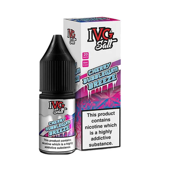 Bright cerise and silver wrapper on small bottle with "cherry bubblegum breeze"