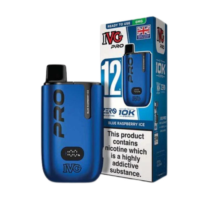 Blue Raspberry ice IVG Pro vaping device with packaging on a white background