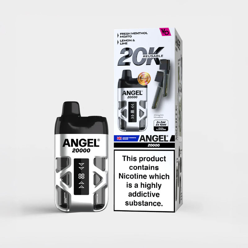 Angel 20000 vaping device and packaging on a white background White Edition