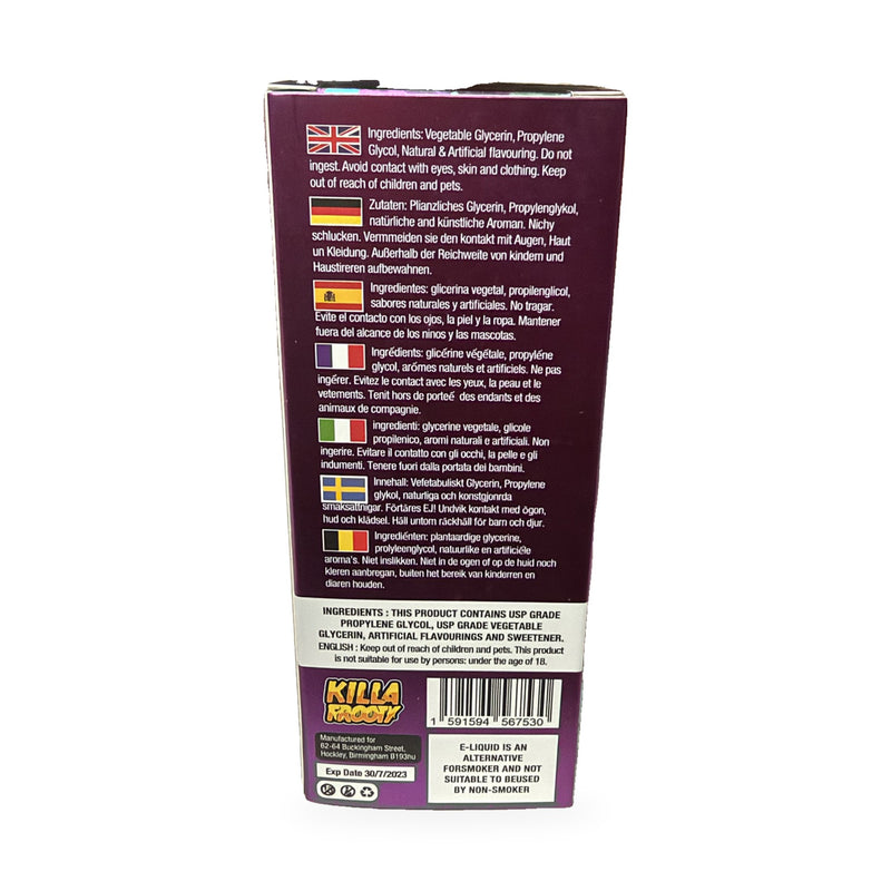 Killa Frootz Blackcurrant Menthol 100ml shortfill box back with ingredients