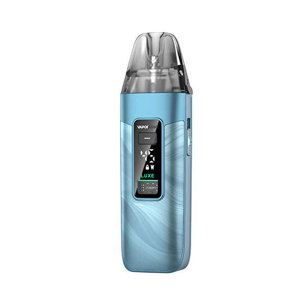 Luxe X3 Blue vape device with a digital display on a white background