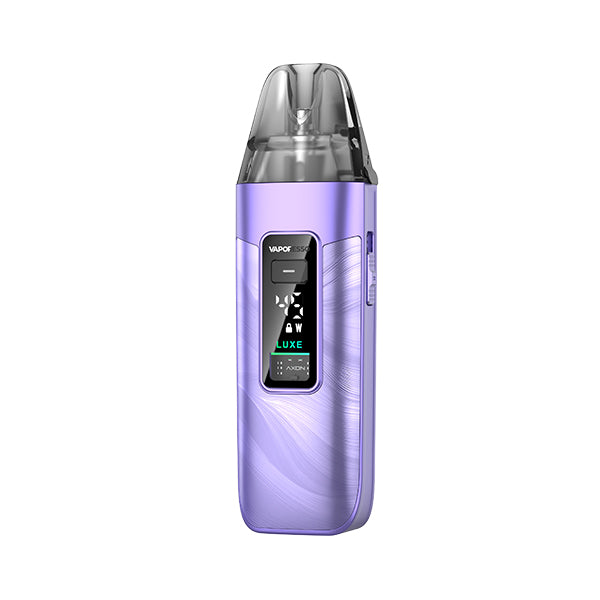 Luxe X3 Purple vape device with digital display on a white background