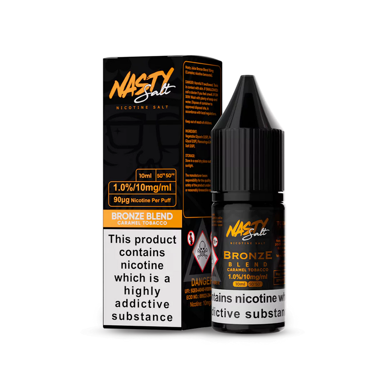 Black Vape Liquid bottle with "Nasty Bronze Blend" branding in bronze