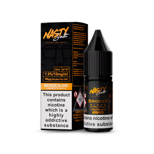 Black Vape Liquid bottle with "Nasty Bronze Blend" branding in bronze