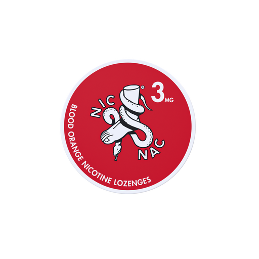 Nic Nac Nicotine Lozenges blood orange in white writing on a red tub 3mg